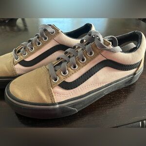 pink, olive green, and black Vans Old Skool